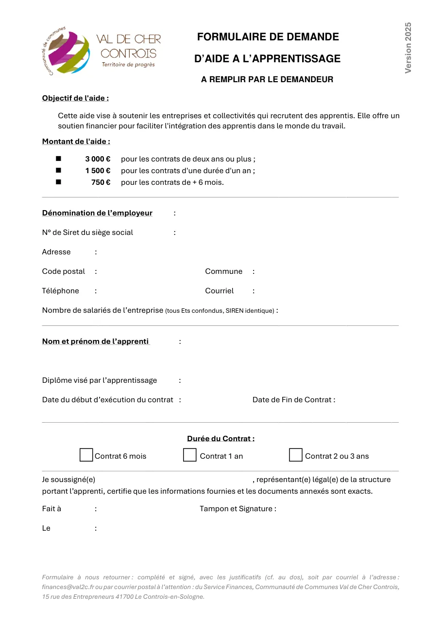 Page 1 de « Demande d’aide à l’apprentissage ». Le texte de cette page est reproduit sous le document.