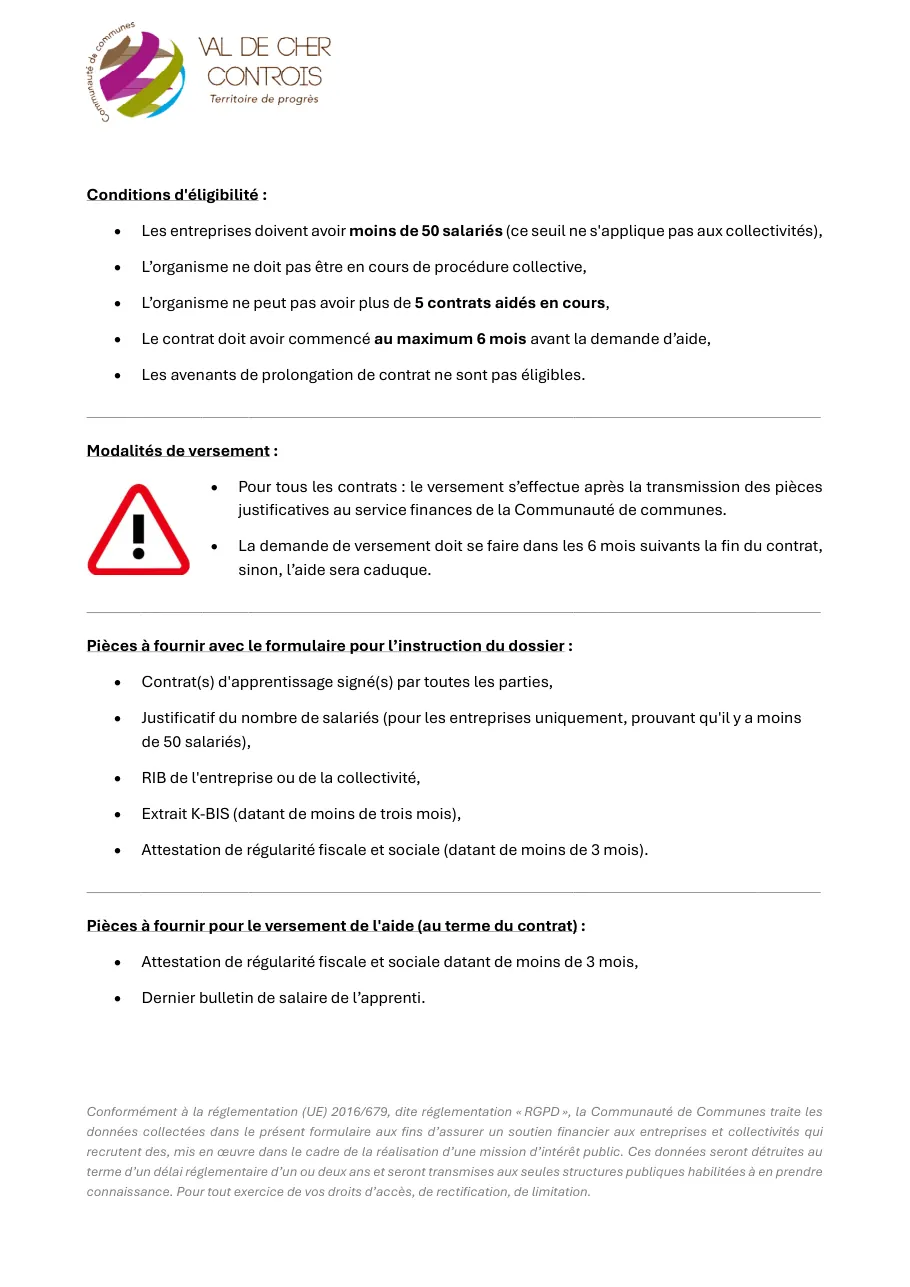Page 2 de « Demande d’aide à l’apprentissage ». Le texte de cette page est reproduit sous le document.